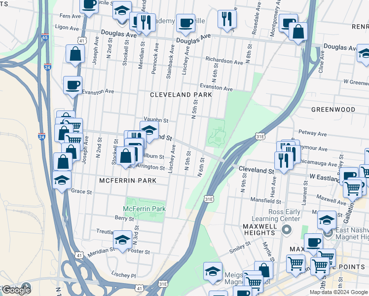 map of restaurants, bars, coffee shops, grocery stores, and more near 827 North 5th Street in Nashville