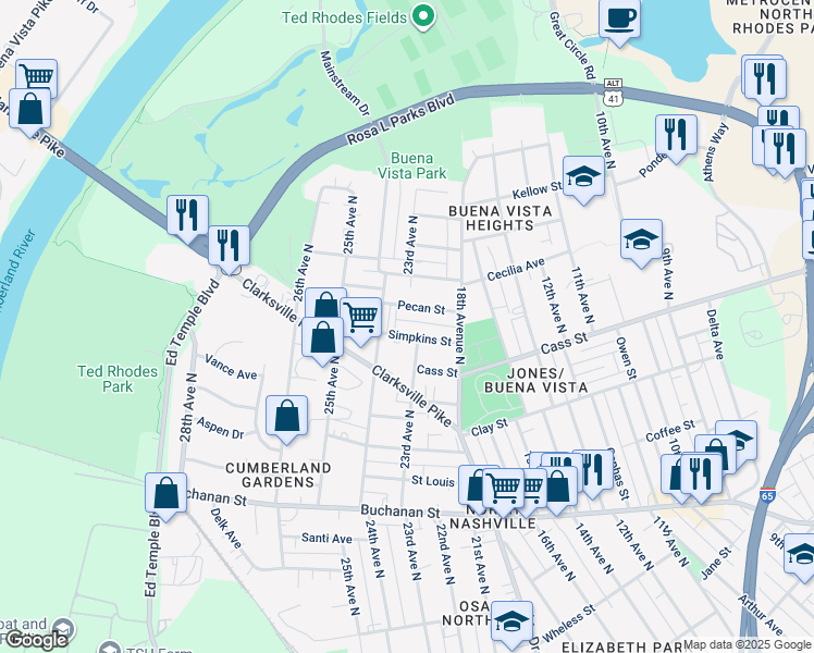 map of restaurants, bars, coffee shops, grocery stores, and more near 1718 Simpkins Street in Nashville