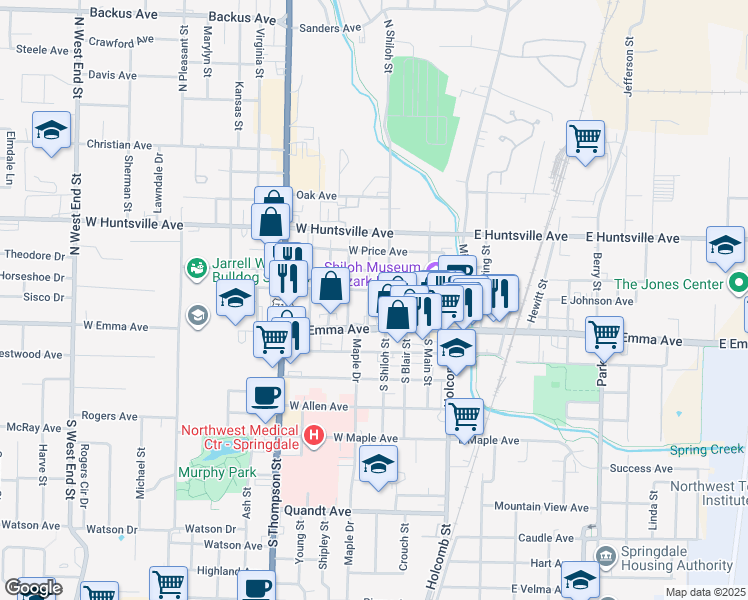 map of restaurants, bars, coffee shops, grocery stores, and more near 126 North Shiloh Street in Springdale