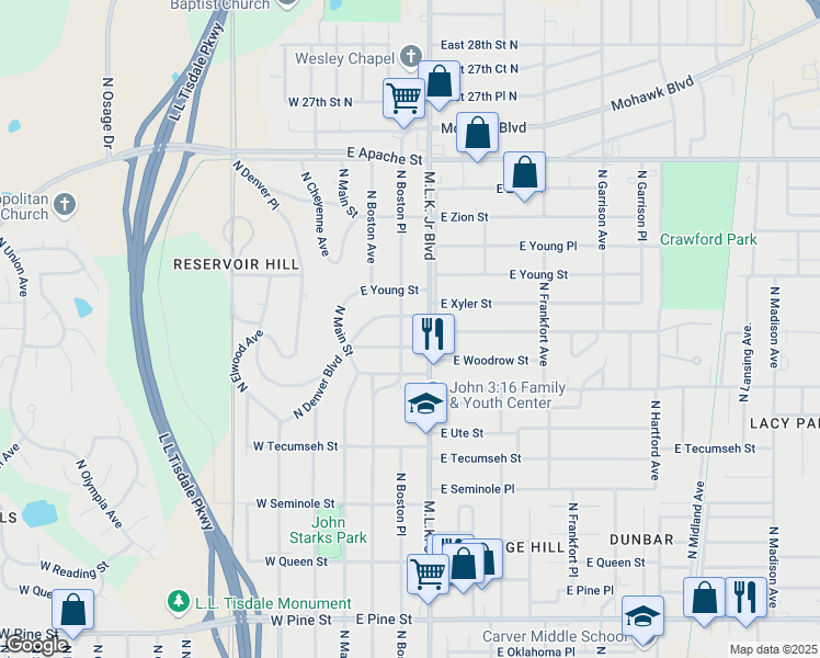 map of restaurants, bars, coffee shops, grocery stores, and more near 2212 North Cincinnati Avenue in Tulsa