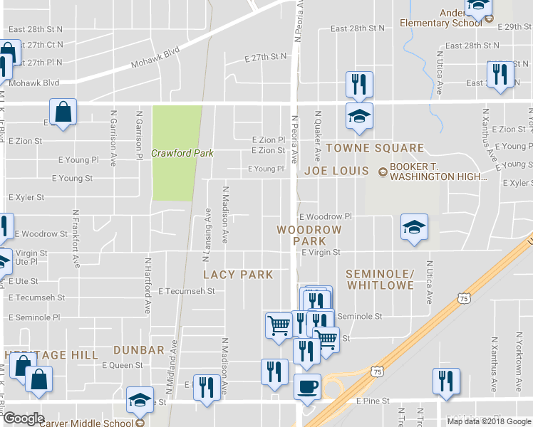 map of restaurants, bars, coffee shops, grocery stores, and more near 1107 East Woodrow Place in Tulsa