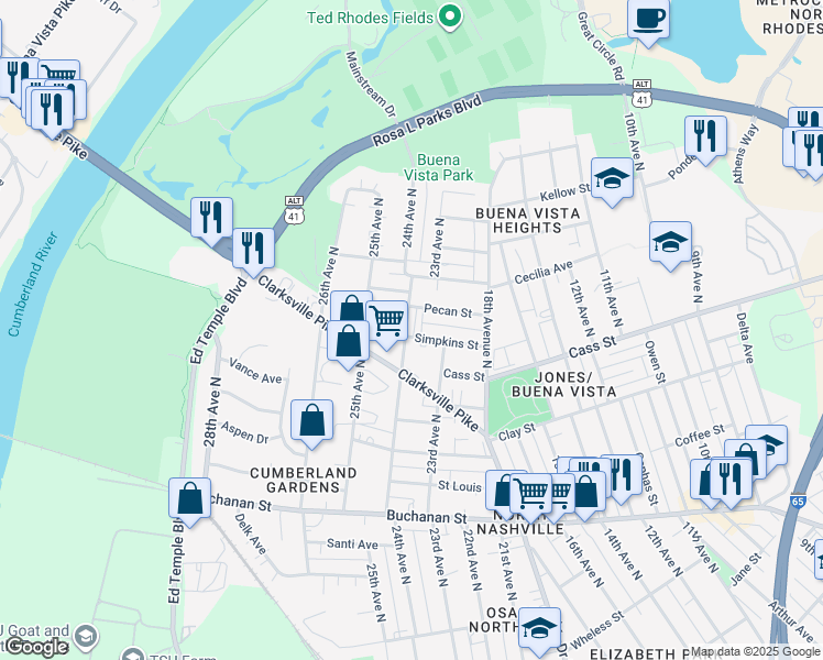 map of restaurants, bars, coffee shops, grocery stores, and more near 2122 24th Avenue North in Nashville