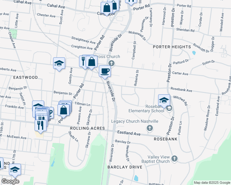 map of restaurants, bars, coffee shops, grocery stores, and more near 933 Riverside Drive in Nashville