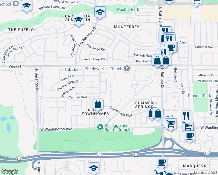 map of restaurants, bars, coffee shops, grocery stores, and more near 1325 Pinto Rock Lane in Las Vegas