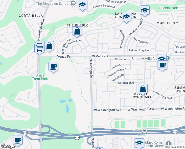 map of restaurants, bars, coffee shops, grocery stores, and more near 1332 Silver Sierra Street in Las Vegas