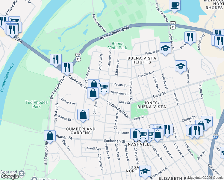 map of restaurants, bars, coffee shops, grocery stores, and more near 2122 24th Avenue North in Nashville