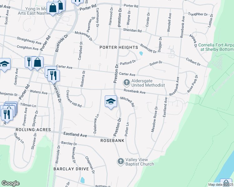 map of restaurants, bars, coffee shops, grocery stores, and more near 1027 Preston Drive in Nashville