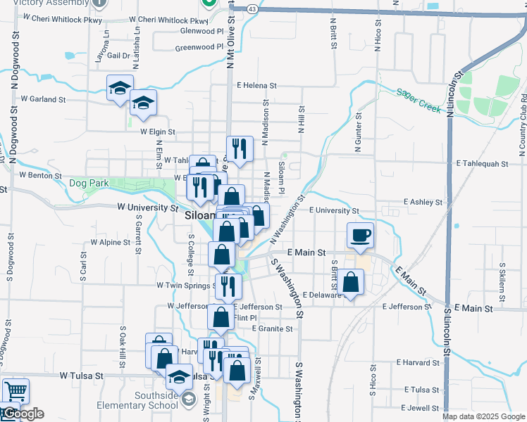 map of restaurants, bars, coffee shops, grocery stores, and more near 311 East University Street in Siloam Springs