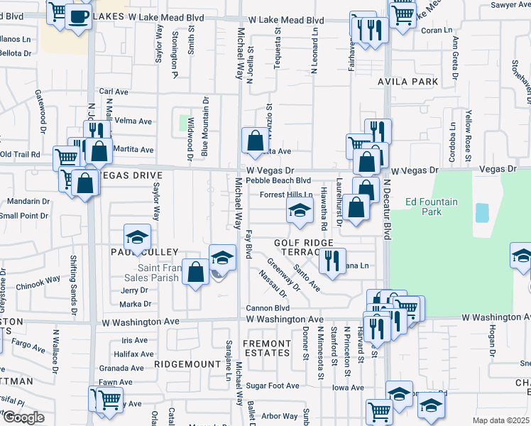 map of restaurants, bars, coffee shops, grocery stores, and more near 5225 Glen Eagles Lane in Las Vegas