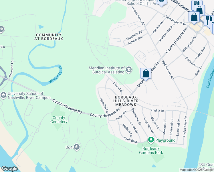 map of restaurants, bars, coffee shops, grocery stores, and more near 3334 Panorama Drive in Nashville