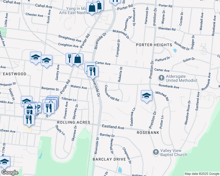 map of restaurants, bars, coffee shops, grocery stores, and more near 314 Pioneer Lane in Nashville
