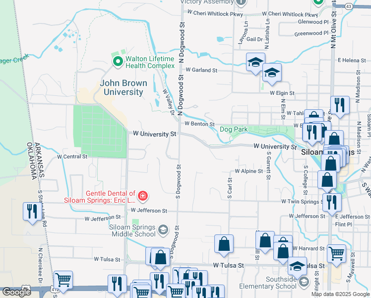 map of restaurants, bars, coffee shops, grocery stores, and more near 153 North Dogwood Street in Siloam Springs