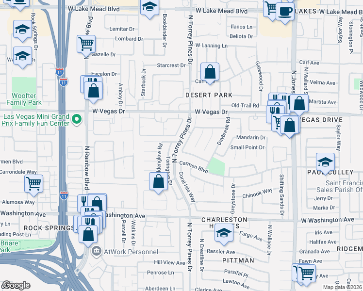 map of restaurants, bars, coffee shops, grocery stores, and more near 1373 Torington Drive in Las Vegas