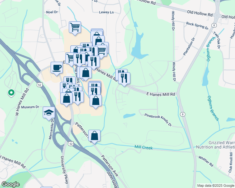 map of restaurants, bars, coffee shops, grocery stores, and more near 4532 Brassfield Drive in Winston-Salem