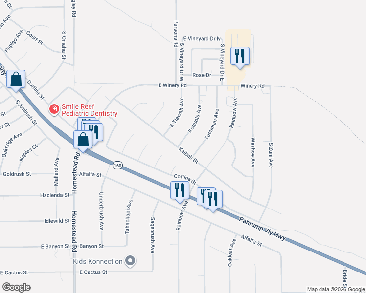 map of restaurants, bars, coffee shops, grocery stores, and more near 2281 Iroquois Avenue in Pahrump