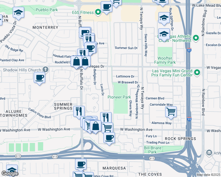 map of restaurants, bars, coffee shops, grocery stores, and more near 1340 Pacific Terrace Drive in Las Vegas