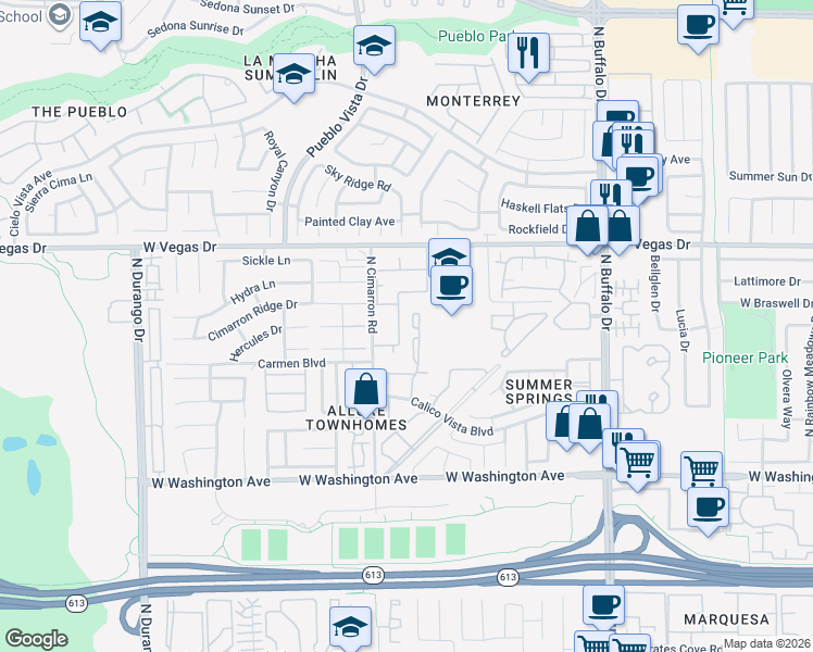 map of restaurants, bars, coffee shops, grocery stores, and more near 1325 Pinto Rock Lane in Las Vegas