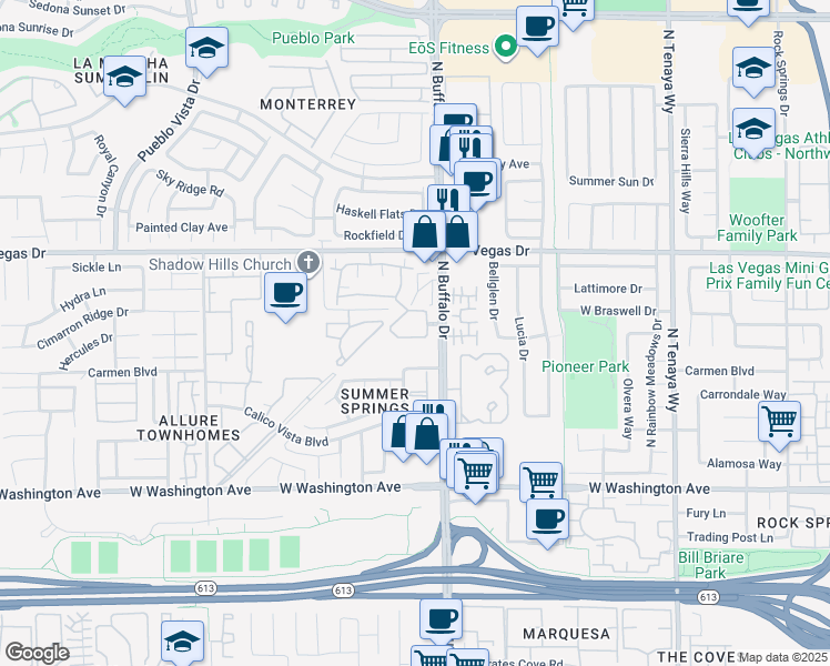 map of restaurants, bars, coffee shops, grocery stores, and more near 7624 Pacific Hills Avenue in Las Vegas
