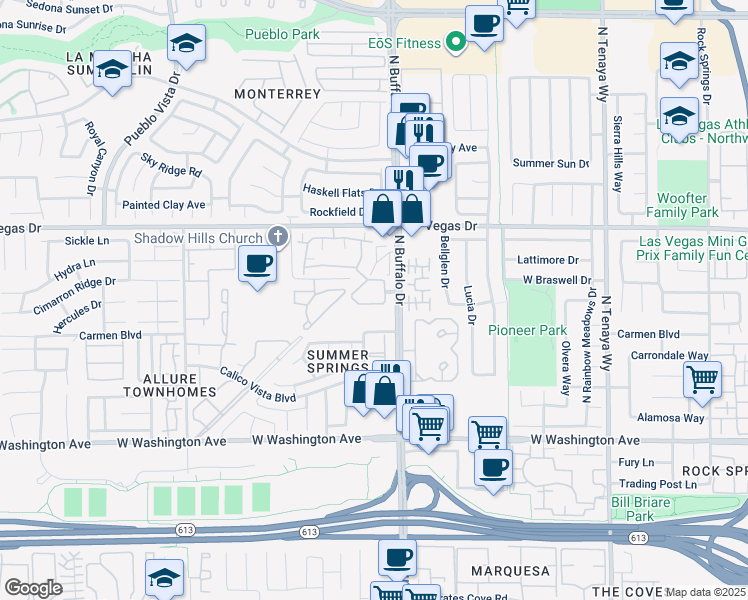 map of restaurants, bars, coffee shops, grocery stores, and more near 7624 Pacific Hills Avenue in Las Vegas