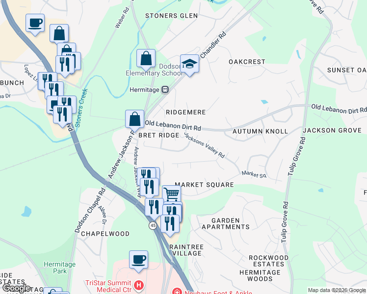 map of restaurants, bars, coffee shops, grocery stores, and more near 1112 Jacksons View Road in Nashville
