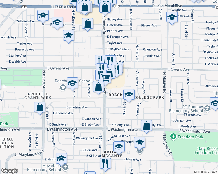 map of restaurants, bars, coffee shops, grocery stores, and more near 1412 North Eastern Avenue in Las Vegas