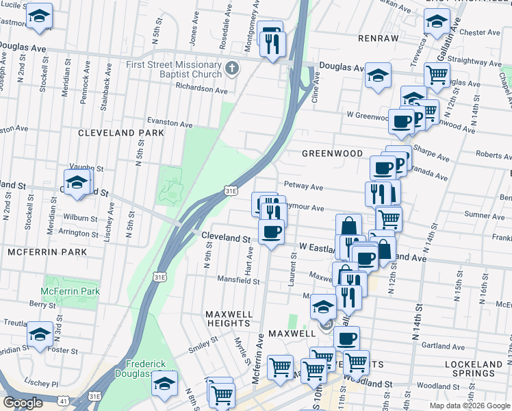 map of restaurants, bars, coffee shops, grocery stores, and more near 842 Seymour Avenue in Nashville