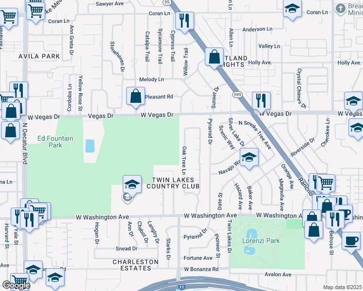 map of restaurants, bars, coffee shops, grocery stores, and more near 1221 Oak Tree Lane in Las Vegas
