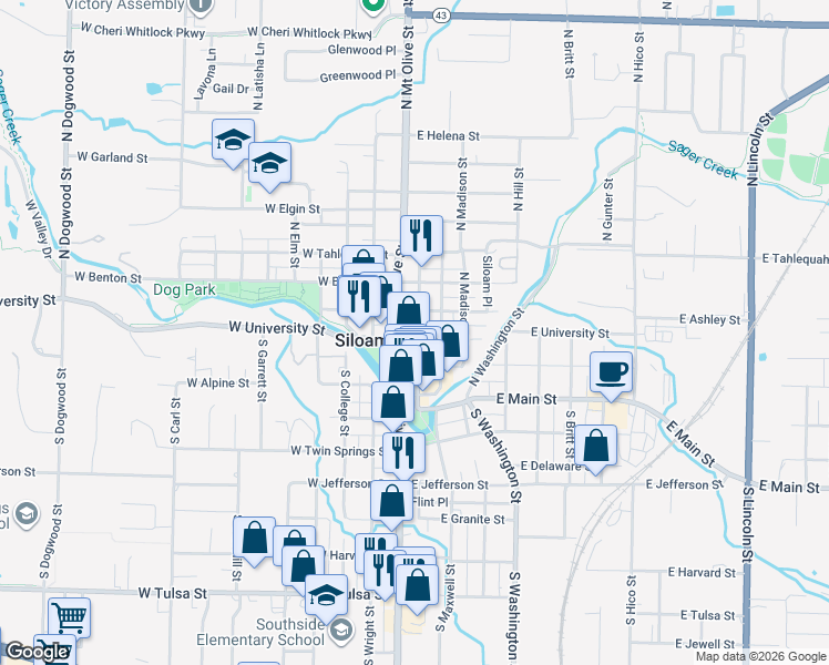 map of restaurants, bars, coffee shops, grocery stores, and more near 115 East University Street in Siloam Springs