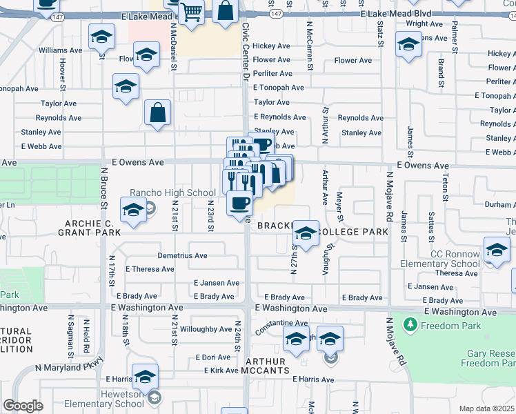 map of restaurants, bars, coffee shops, grocery stores, and more near 1412 N Eastern Ave in Las Vegas