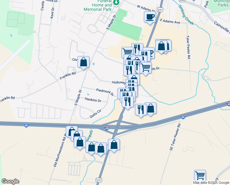 map of restaurants, bars, coffee shops, grocery stores, and more near 117 Piedmont Drive in Lebanon