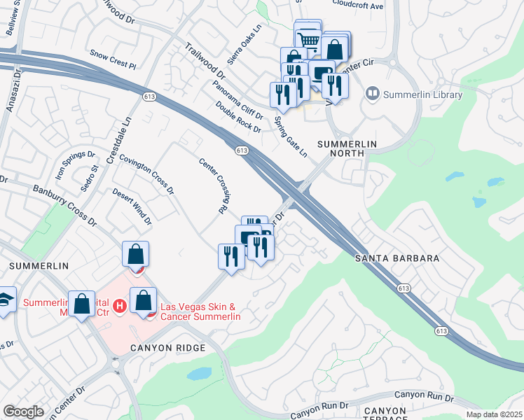 map of restaurants, bars, coffee shops, grocery stores, and more near 1351 North Town Center Drive in Las Vegas