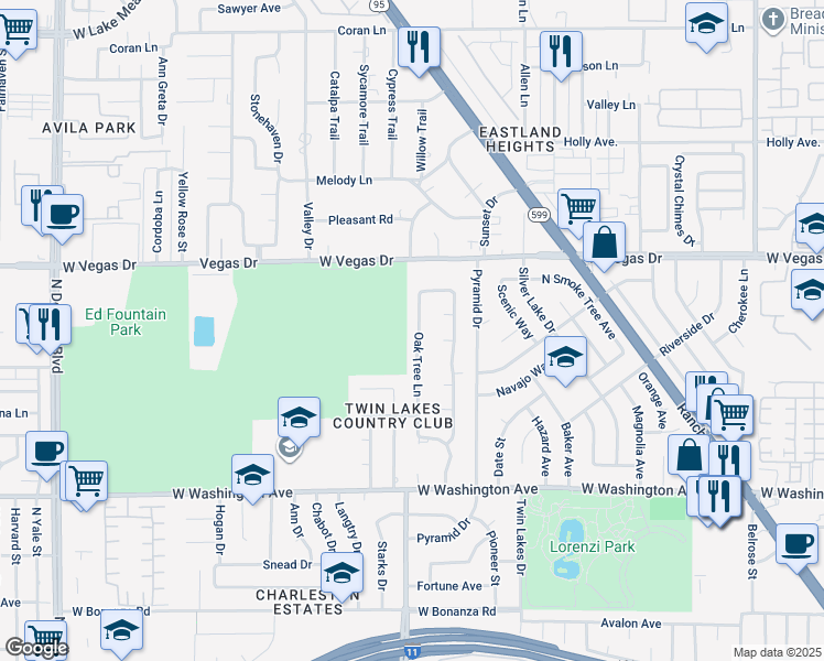 map of restaurants, bars, coffee shops, grocery stores, and more near 1221 Oak Tree Lane in Las Vegas