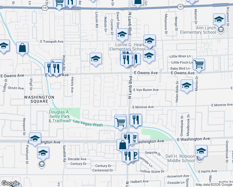 map of restaurants, bars, coffee shops, grocery stores, and more near 1492 North Lamb Boulevard in Las Vegas