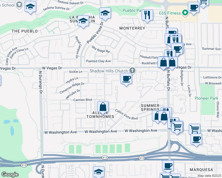 map of restaurants, bars, coffee shops, grocery stores, and more near 132 North Cimarron Road in Las Vegas