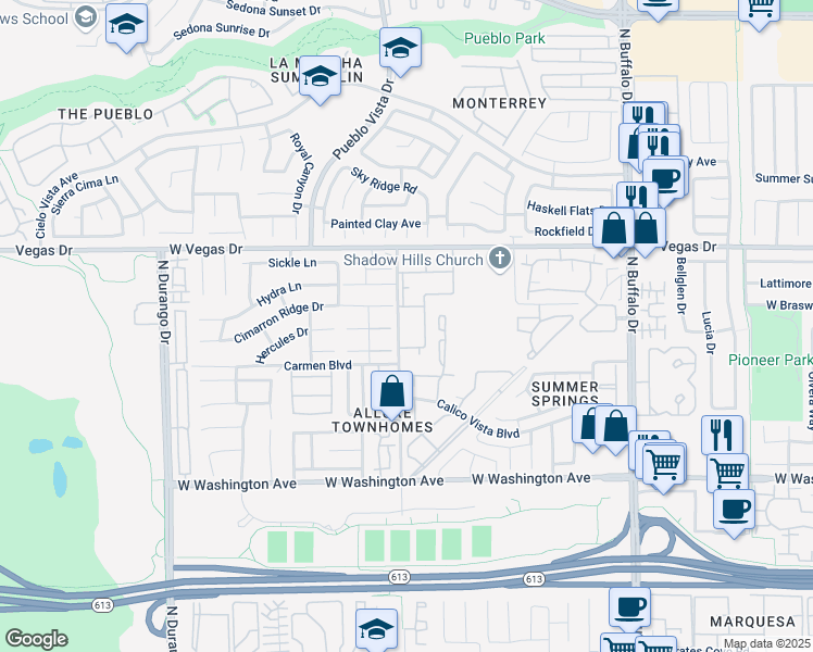 map of restaurants, bars, coffee shops, grocery stores, and more near 132 North Cimarron Road in Las Vegas