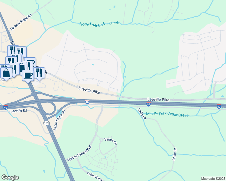 map of restaurants, bars, coffee shops, grocery stores, and more near 5790 Leeville Pike in Lebanon