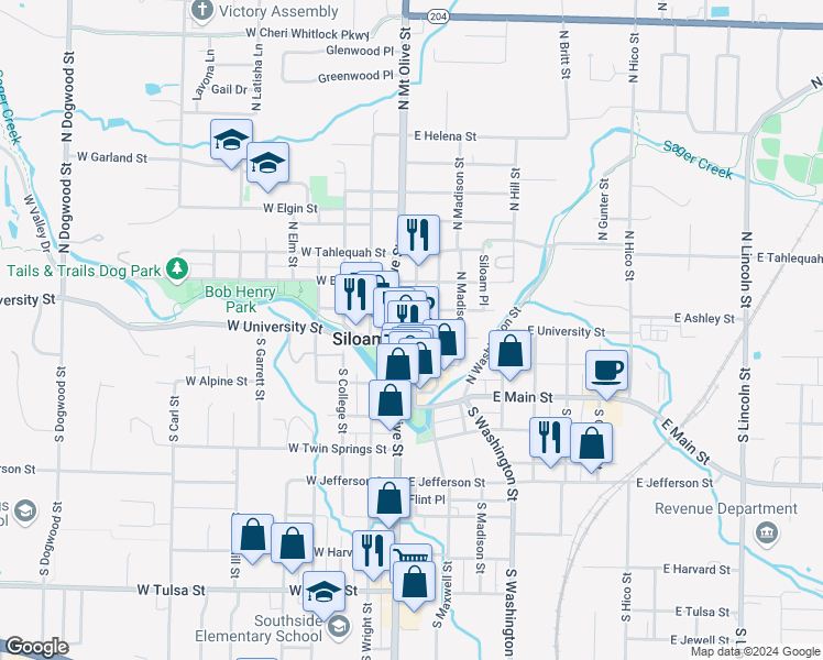 map of restaurants, bars, coffee shops, grocery stores, and more near 127 North Broadway Street in Siloam Springs