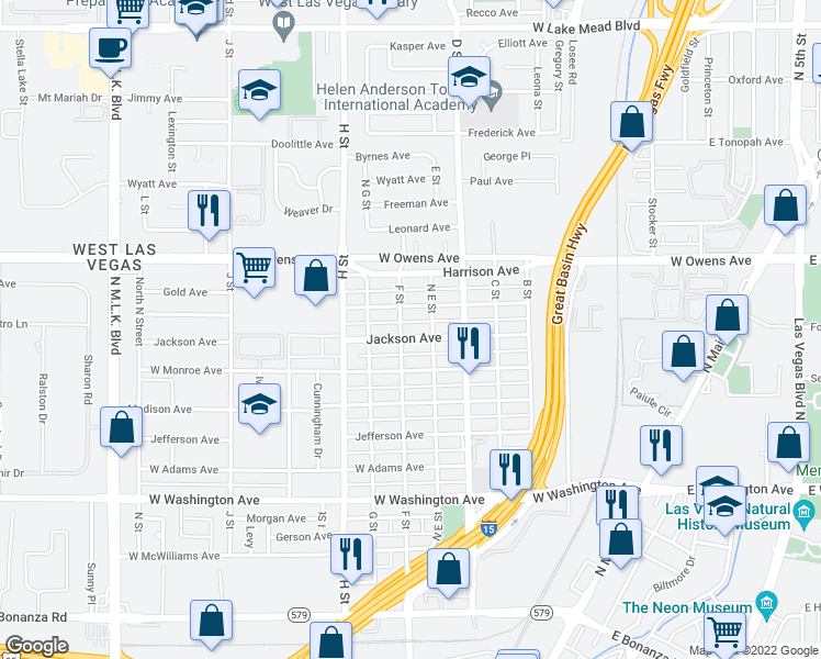 map of restaurants, bars, coffee shops, grocery stores, and more near 512 Jackson Avenue in Las Vegas