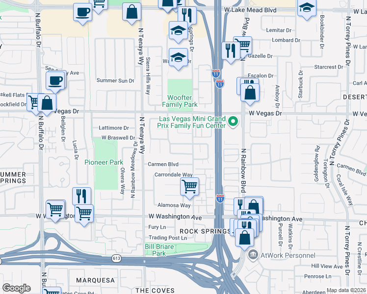 map of restaurants, bars, coffee shops, grocery stores, and more near 7108 Copperleaf Drive in Las Vegas