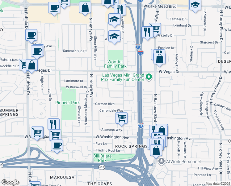 map of restaurants, bars, coffee shops, grocery stores, and more near 7105 Cornflower Drive in Las Vegas