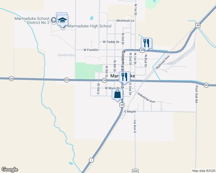 map of restaurants, bars, coffee shops, grocery stores, and more near 208 West Main Street in Marmaduke