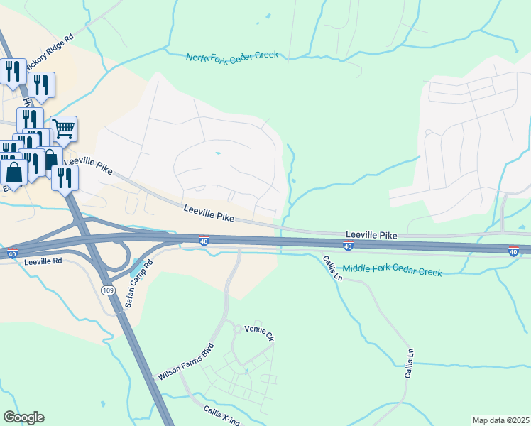 map of restaurants, bars, coffee shops, grocery stores, and more near 5790 Leeville Pike in Lebanon