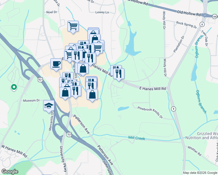 map of restaurants, bars, coffee shops, grocery stores, and more near 4535 Brassfield Drive in Winston-Salem