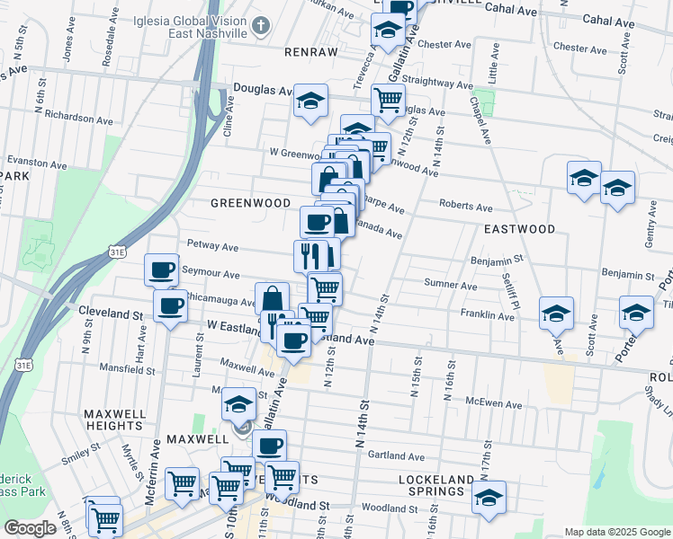 map of restaurants, bars, coffee shops, grocery stores, and more near 1102 Petway Avenue in Nashville