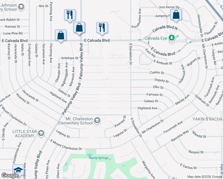 map of restaurants, bars, coffee shops, grocery stores, and more near 1641 Elko Street in Pahrump