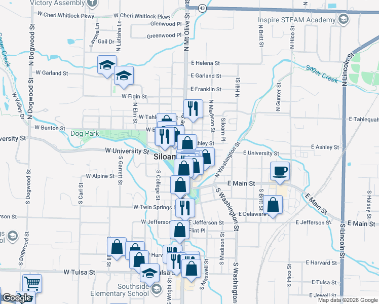 map of restaurants, bars, coffee shops, grocery stores, and more near 115 East University Street in Siloam Springs