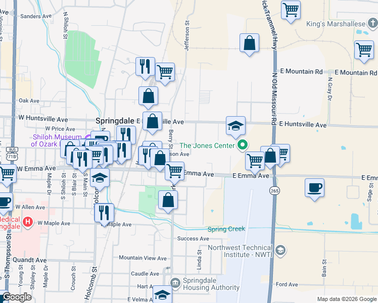 map of restaurants, bars, coffee shops, grocery stores, and more near 701-799 East Johnson Avenue in Springdale