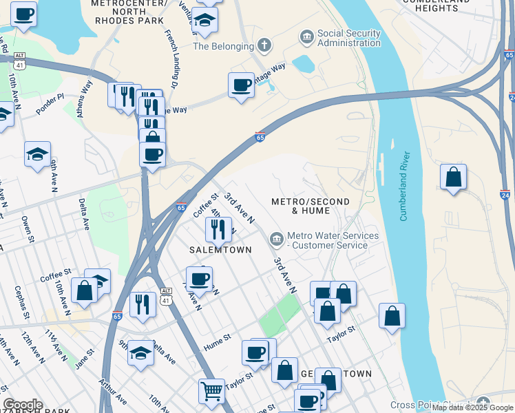 map of restaurants, bars, coffee shops, grocery stores, and more near 1700 3rd Avenue North in Nashville
