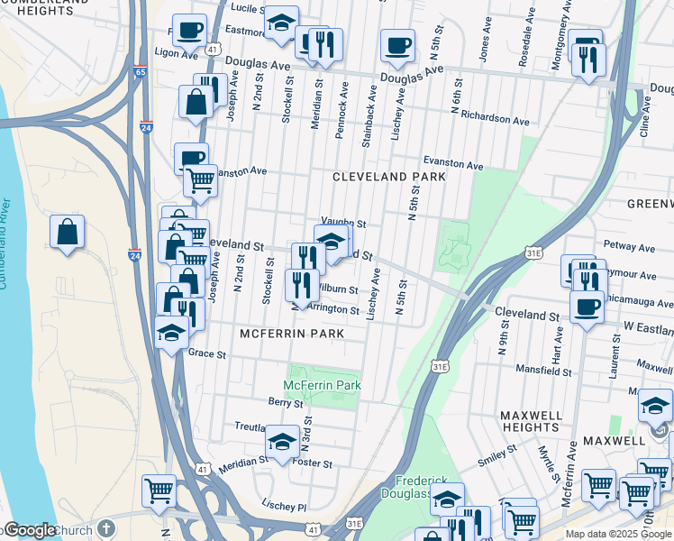 map of restaurants, bars, coffee shops, grocery stores, and more near 322 Cleveland Street in Nashville