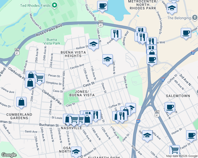 map of restaurants, bars, coffee shops, grocery stores, and more near 1010 Cass Street in Nashville